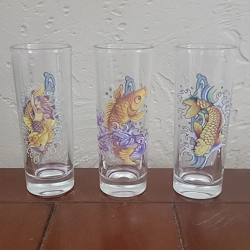 Ed Hardy MERMAIDS & KOI FISH Tall Shooter Glasses, Christian Audigier, Set of 3